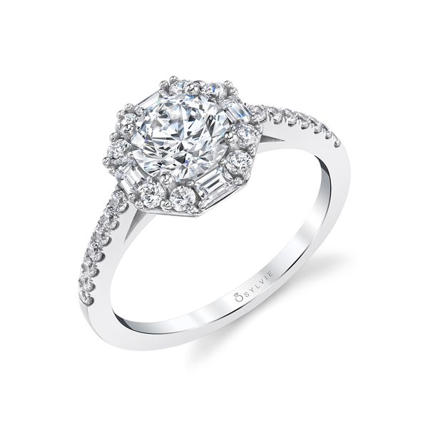 Sylvie Kira 14K White Gold Baguette Halo Engagement Ring SVS Fine Jewelry Oceanside, NY