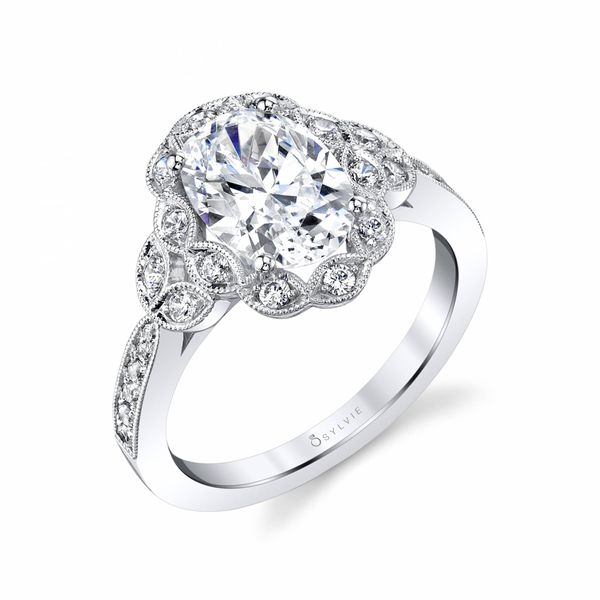 Sylvie White Gold Flower Shaped Engagement Ring SVS Fine Jewelry Oceanside, NY