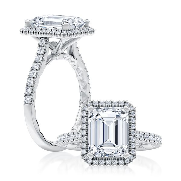 A.Jaffe Emerald Cut Diamond Halo Engagement Ring Mounting SVS Fine Jewelry Oceanside, NY
