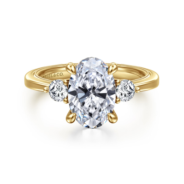 Gabriel & Co. Classic14K Yellow Gold Georgia Oval Three Stone Engagement Ring SVS Fine Jewelry Oceanside, NY