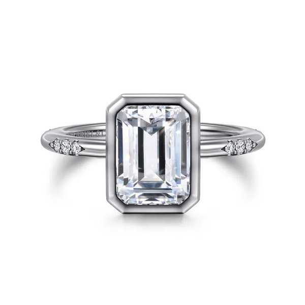 Gabriel & Co. Contemporary Aspen 14K White Gold Bezel Set Emerald Cut Engagement Ring SVS Fine Jewelry Oceanside, NY