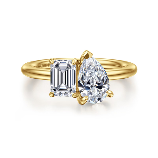 Gabriel & Co. Contermporary Ayla 14K Yellow Gold Toi Et Moi Pear Shape Diamond Engagement Ring SVS Fine Jewelry Oceanside, NY
