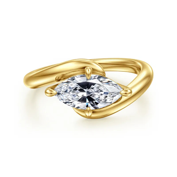 Gabriel & Co. Contemporary Freye 14K Yellow Gold Bypass Compass Prong Marquise Shape Engagement Ring SVS Fine Jewelry Oceanside, NY