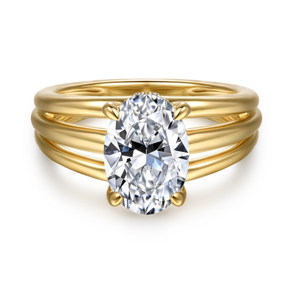 Gabriel & Co Contemporary Bexley 14K Yellow Gold Split Shank Oval Diamond Engagement Ring SVS Fine Jewelry Oceanside, NY