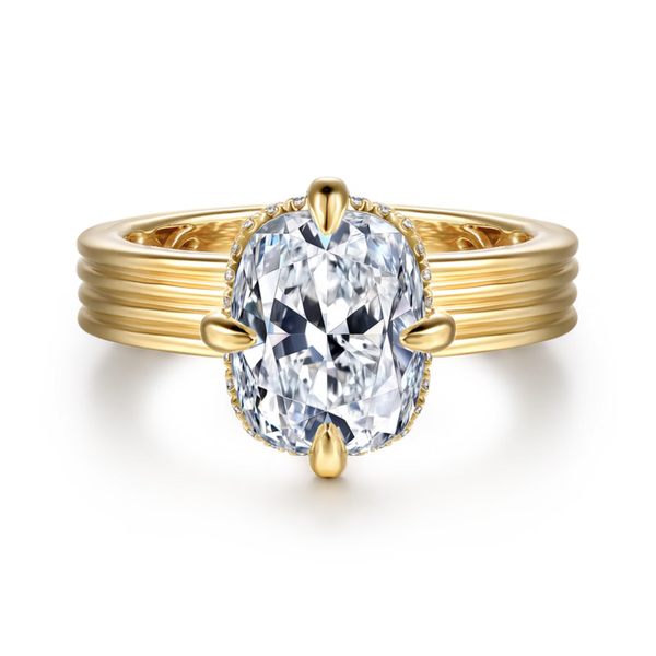 Gabriel & Co. Contemporary 14K Yellow Gold Cassandra Elongated Cushion Cut Engagement Ring SVS Fine Jewelry Oceanside, NY