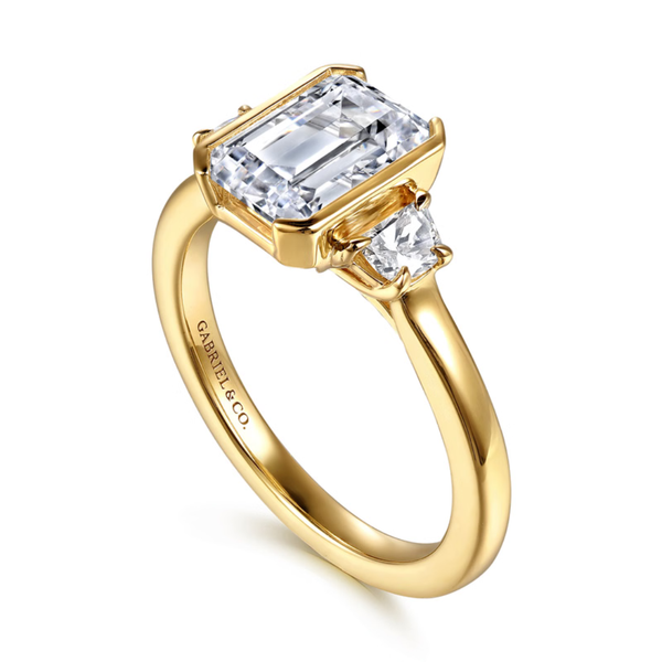 Gabriel & Co. Contemporary 14K Yellow Gold Colleen Emerald Cut Half Bezel Three Stone Engagement Ring Image 3 SVS Fine Jewelry Oceanside, NY