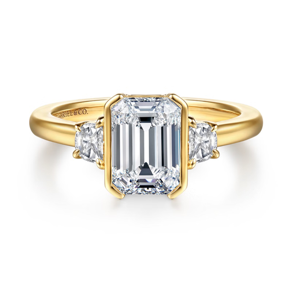 Gabriel & Co. Contemporary 14K Yellow Gold Colleen Emerald Cut Half Bezel Three Stone Engagement Ring SVS Fine Jewelry Oceanside, NY