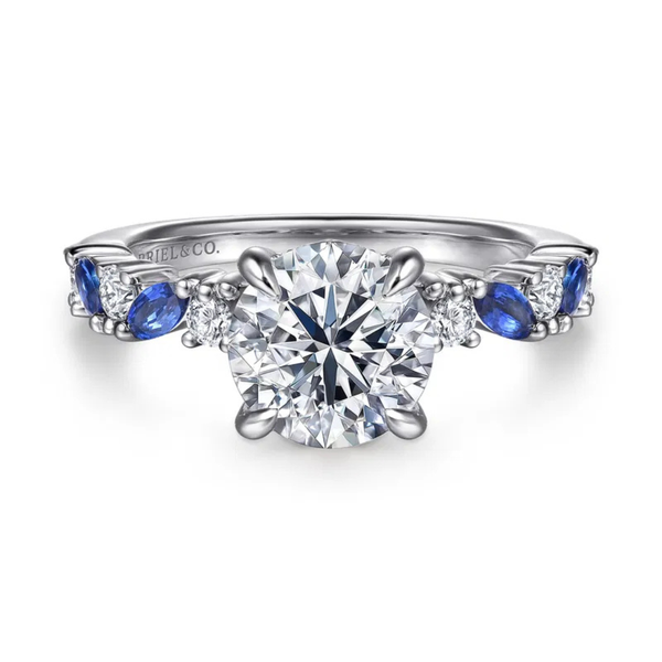 Gabriel & Co. Contemporary 14K White Gold Damiana Round Cut Sapphire Engagement Ring SVS Fine Jewelry Oceanside, NY