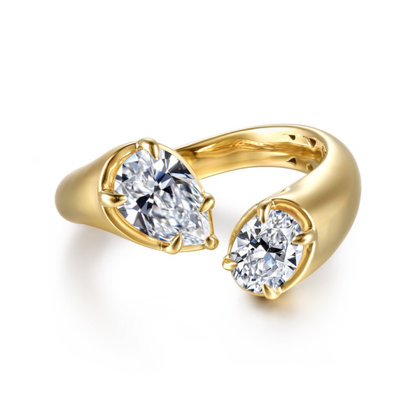 Gabriel & Co. Contemporary 14K Yellow Gold Delta Toi et Moi Pear Shape Engagement Ring SVS Fine Jewelry Oceanside, NY