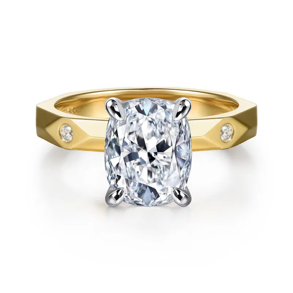 Gabriel & Co. Contemporary 14K Yellow Gold Deya Elongated Cushion Shape Engagement Ring SVS Fine Jewelry Oceanside, NY