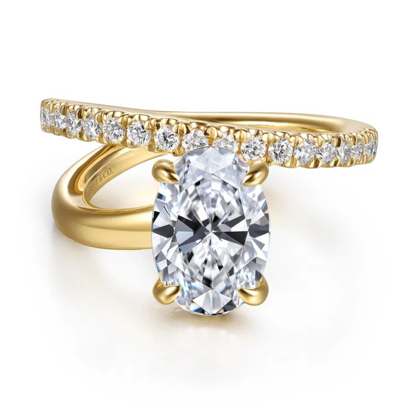 Gabriel & Co. Contemporary 14K Yellow Gold Frost Oval Shape Split Shank Engagement Ring SVS Fine Jewelry Oceanside, NY