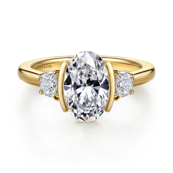 Gabriel & Co. Contemporary 14K Yellow Gold Colleen Oval Shape Half Bezel Three Stone Engagement Ring SVS Fine Jewelry Oceanside, NY