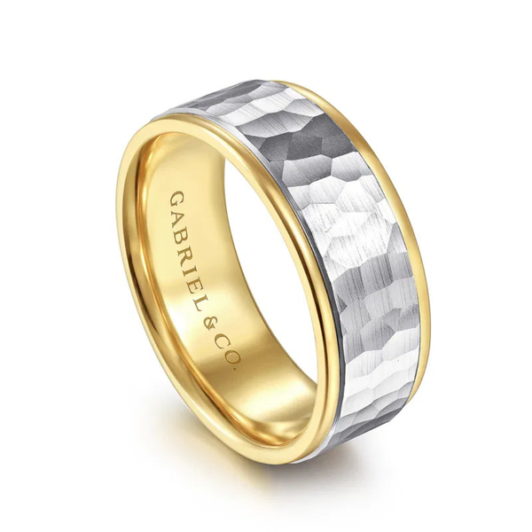 Gabriel & Co. Thomas - 14K White-Yellow Gold 8mm - Hammered Men's Wedding Band Image 3 SVS Fine Jewelry Oceanside, NY
