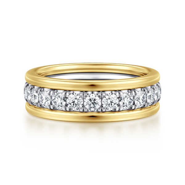 Gabriel & Co. Contemporary 14K White- Yellow Gold Fancy Round Cut Diamond Wedding Band SVS Fine Jewelry Oceanside, NY