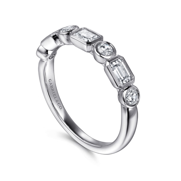Gabriel & Co. Contemporary 14K White Gold Carson Bezel Set Emerald Cut and Round Diamond Wedding Band Image 3 SVS Fine Jewelry Oceanside, NY