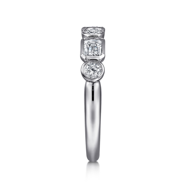 Gabriel & Co. Contemporary 14K White Gold Carson Bezel Set Emerald Cut and Round Diamond Wedding Band Image 4 SVS Fine Jewelry Oceanside, NY