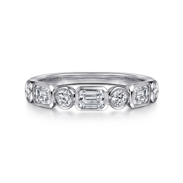 Gabriel & Co. Contemporary 14K White Gold Carson Bezel Set Emerald Cut and Round Diamond Wedding Band SVS Fine Jewelry Oceanside, NY