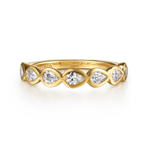 Gabriel & Co. Contemporary 14K Yellow Gold Fancy Bezel Pear Shape 7 Stone Diamond Wedding Band SVS Fine Jewelry Oceanside, NY