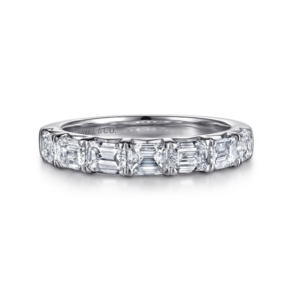 Gabriel & Co. Contemporary 14K White Gold Straight Emerald Cut 7 Stone Diamond Wedding Band SVS Fine Jewelry Oceanside, NY