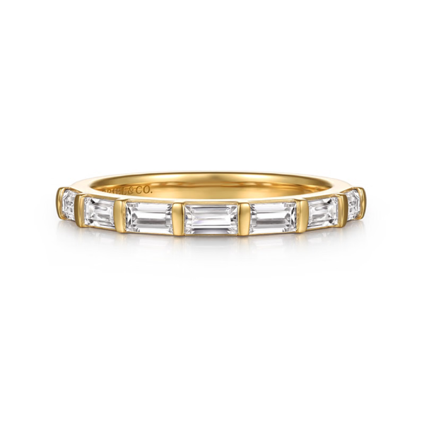 Gabriel & Co. Contemporary 14K Yellow Gold Rena Bar Set Baguette 7 Stone Diamond Wedding Band SVS Fine Jewelry Oceanside, NY