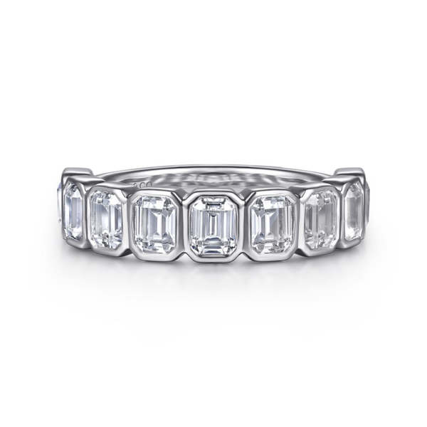 Gabriel & Co. Contemporary 14K White Gold Fancy Bezel Emerald Cut Diamond Wedding Band SVS Fine Jewelry Oceanside, NY