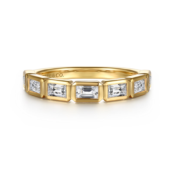 Gabriel & Co. Contemporary 14K Yellow Gold Fancy Bezel Baguette Diamond Wedding Band SVS Fine Jewelry Oceanside, NY