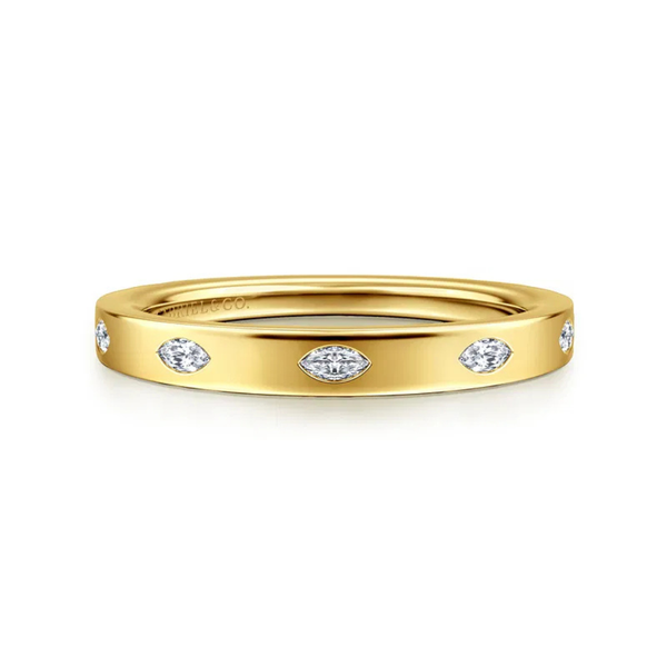 Gabriel & Co. Contemporary 14K Yellow Gold Amah 5 Stone Flush Set Marquise Diamond Wedding Band SVS Fine Jewelry Oceanside, NY