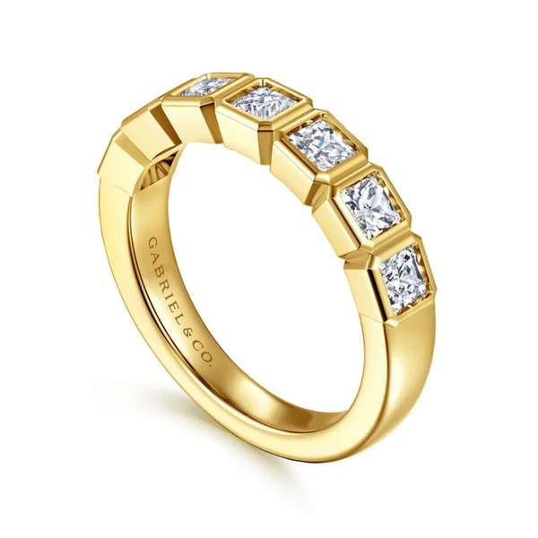 Gabriel & Co. Contemporary 14K Yellow Gold Lyricah 7 Stone Bezel Princess Cut Diamond Wedding Band Image 3 SVS Fine Jewelry Oceanside, NY