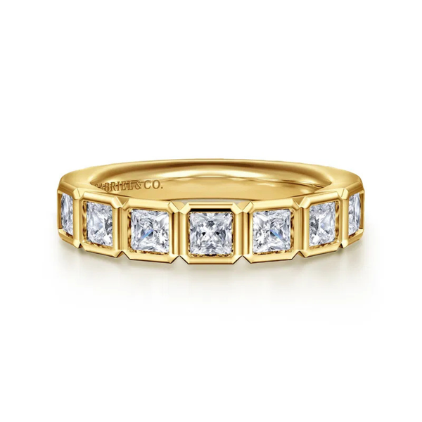 Gabriel & Co. Contemporary 14K Yellow Gold Lyricah 7 Stone Bezel Princess Cut Diamond Wedding Band SVS Fine Jewelry Oceanside, NY