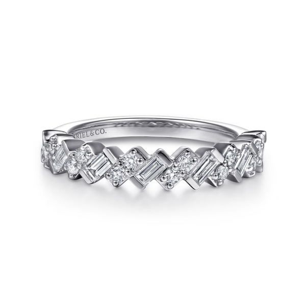 Gabriel & Co. Contemporary 14K White Gold Llana Baguette and Round Diamond Wedding Band SVS Fine Jewelry Oceanside, NY