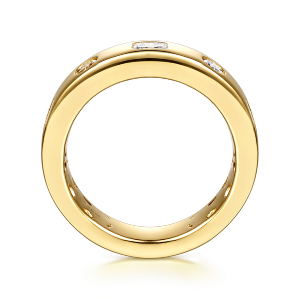 Gabriel & Co. Contemporary 14K Yellow Gold Iriza Flush Set Emerald Cut and Round Diamond Wedding Band Image 2 SVS Fine Jewelry Oceanside, NY
