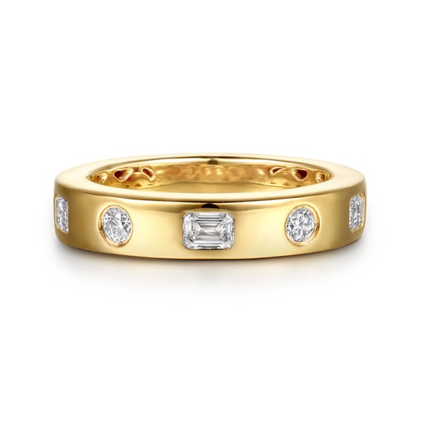 Gabriel & Co. Contemporary 14K Yellow Gold Iriza Flush Set Emerald Cut and Round Diamond Wedding Band SVS Fine Jewelry Oceanside, NY