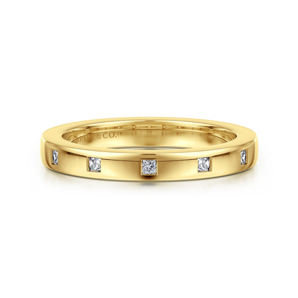 Gabriel & Co. Contemporary 14K Yellow Gold Evadelle Bezel Set Princess Cut Diamond Wedding Band SVS Fine Jewelry Oceanside, NY
