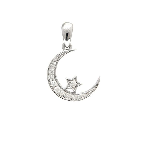 14K White Gold Pave Diamond Star And Moon Pendant SVS Fine Jewelry Oceanside, NY