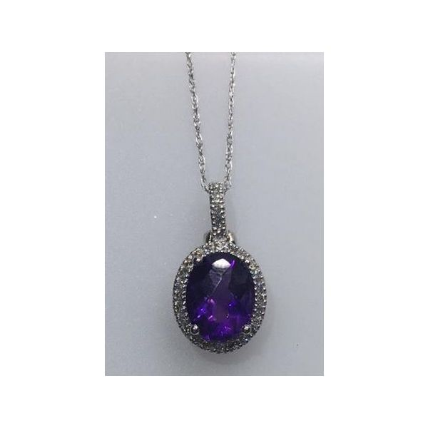 14k White Gold, Diamond and Oval Amethyst Halo Birthstone Pendant on an 18' Chain-February (1.50Cttw) SVS Fine Jewelry Oceanside, NY