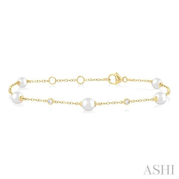 Yellow Gold Pearl & Diamond Station Chain Bracelet SVS Fine Jewelry Oceanside, NY