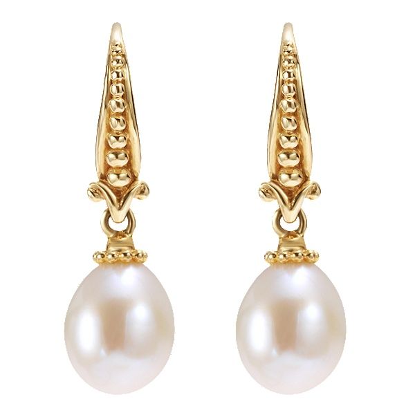 Gabriel & Co. Pearl Earrings. From the Grace Collection in 14K Yellow gold. Features 2 Freshwater pearls. SVS Fine Jewelry Oceanside, NY