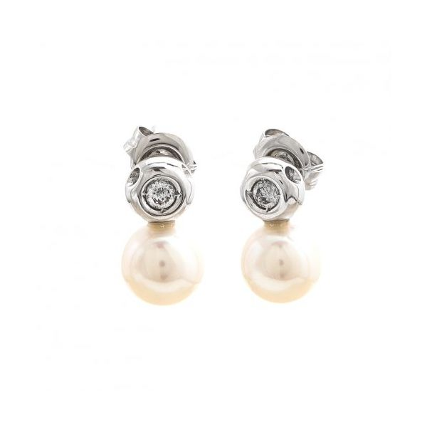 14k White Gold. Freshwater Pearl and Diamond Earrings 0.10Cttw SVS Fine Jewelry Oceanside, NY