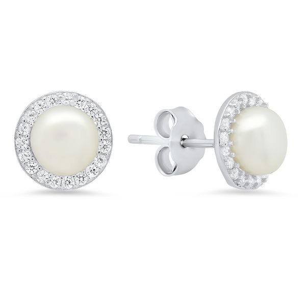 Sterling Silver, 6 mm Pearl, and CZ Halo Earrings SVS Fine Jewelry Oceanside, NY