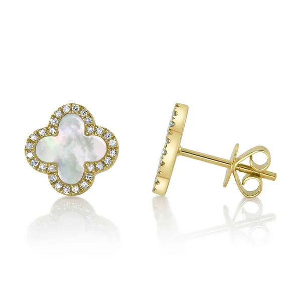Shy Creation 14K Yellow Gold Diamond Mother-of-Pearl Clover Earrings Image 3 SVS Fine Jewelry Oceanside, NY