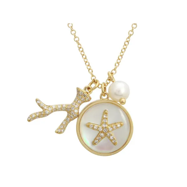 14K Yellow Gold, Diamond, Shell, & Pearl Sea Life Necklace SVS Fine Jewelry Oceanside, NY