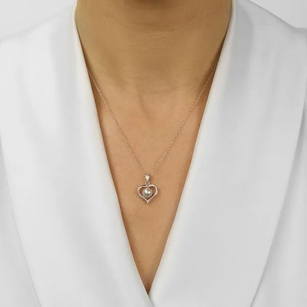 Cultured Silver Gray Pearl Ribbon Heart Pendant Image 2 SVS Fine Jewelry Oceanside, NY