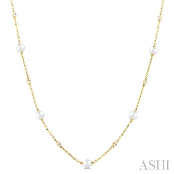 Yellow Gold Pearl & Diamond Station Necklace SVS Fine Jewelry Oceanside, NY