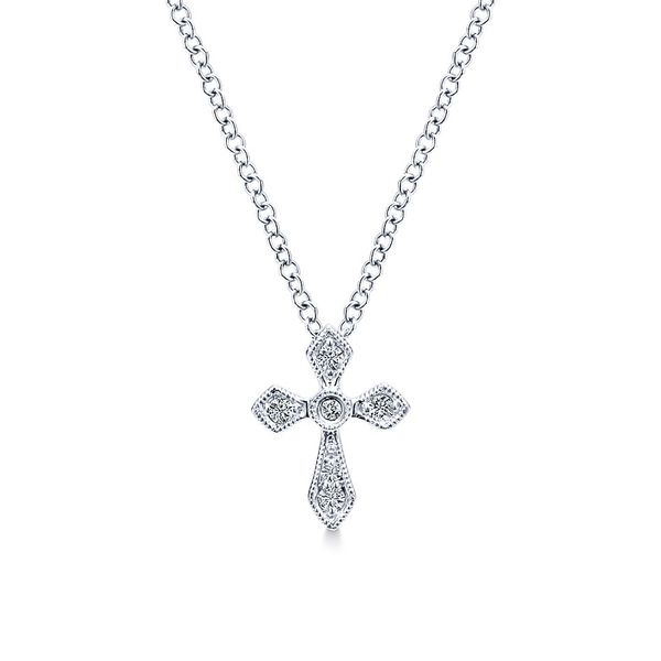 Gabriel & Co. Diamond Cross Necklace. From the Faith Collection in 14K White Gold. Features 0.06cttw diamonds. Length 17.5