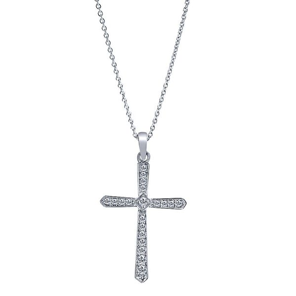 Gabriel & Co. Diamond Cross Necklace. From the Faith Collection in 14K White Gold. Features 0.14cttw diamonds. Length 16