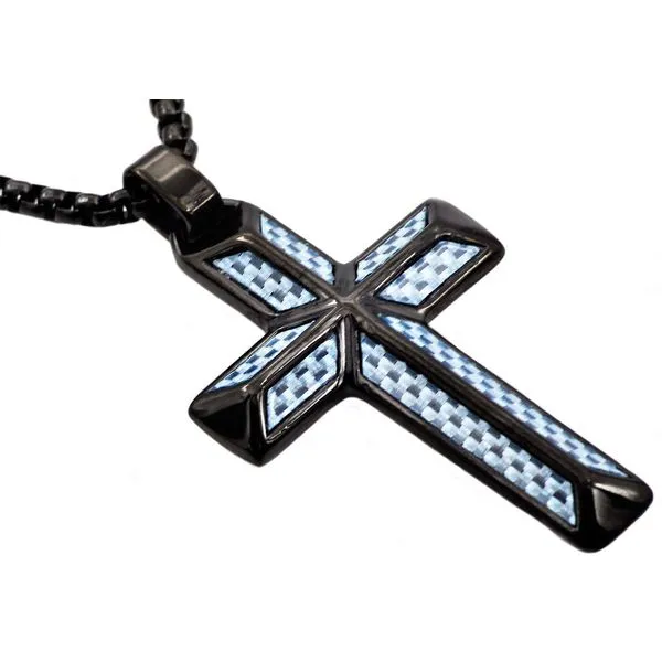 Men's Blue Carbon Fiber Black Stainless Steel Cross SVS Fine Jewelry Oceanside, NY