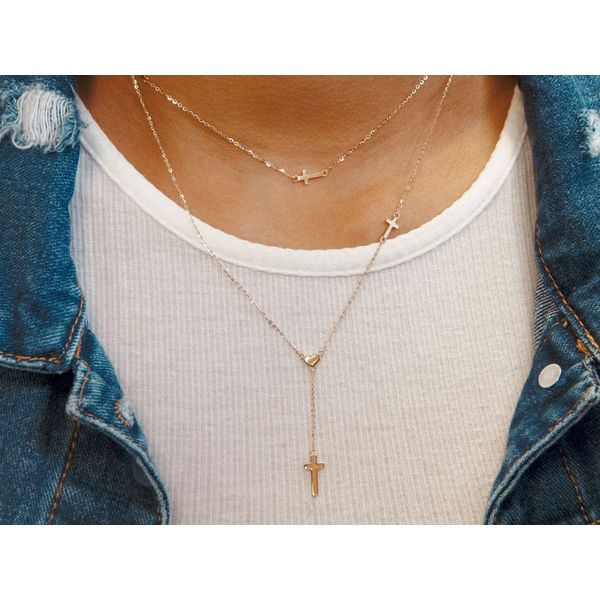 14K Yellow Gold Cross Station Necklace, 16+2