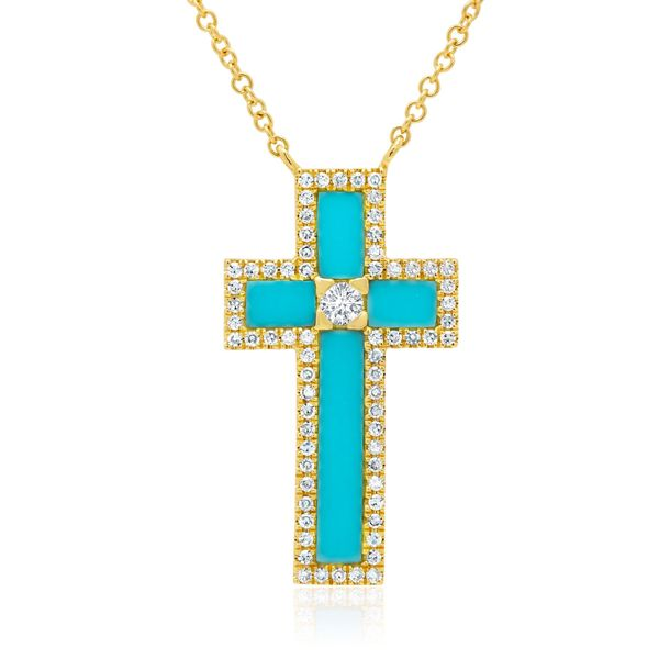 Shy Creation 14K Yellow Gold, Diamond, And Turquoise Cross SVS Fine Jewelry Oceanside, NY