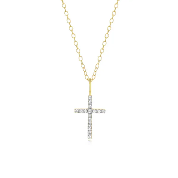 Lab Grown Diamond Yellow Gold Plated Cross Necklace, .09ctw SVS Fine Jewelry Oceanside, NY