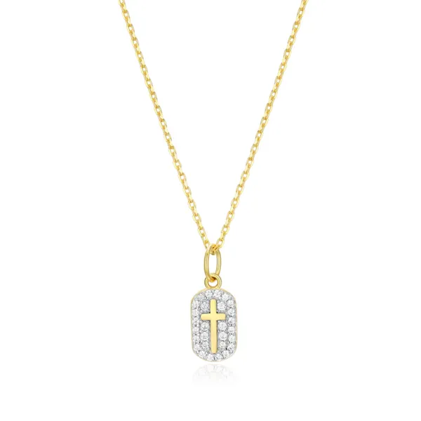 Lab Grown Diamond Yellow Gold Plated Cross Dog Tag Necklace SVS Fine Jewelry Oceanside, NY